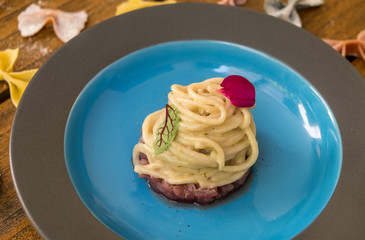 Pasta spaghetti tartare. Delicious tasty gourmet pasta