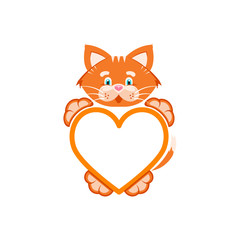 Vector illustration. Orange cat holds a heart-shaped frame in its paws. Cartoon character for printing goods for pet store, signboard, pet food, concept of advertising logo.