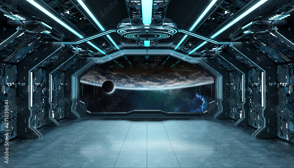 Poster Dark blue spaceship futuristic interior with window view on planet Earth 3d rendering