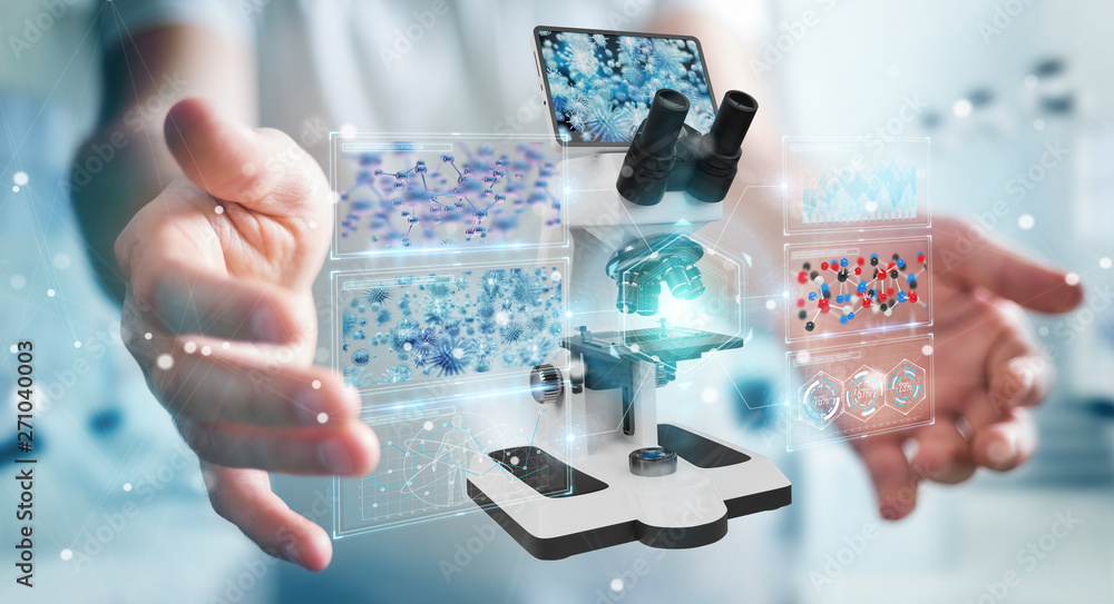 Aufkleber Businessman using modern microscope with digital analysis 3D rendering