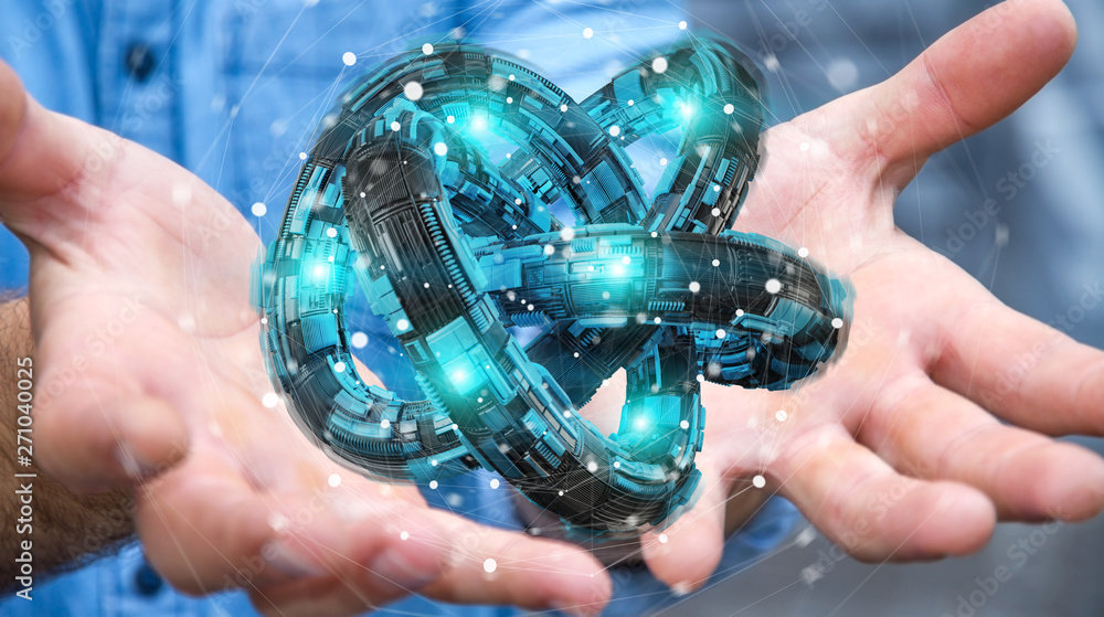 Poster businessman using futuristic torus textured object 3d rendering