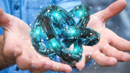 Businessman using futuristic torus textured object 3D rendering