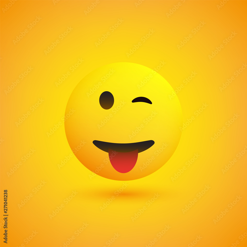 Poster smiling and winking emoji with stuck out tongue - simple shiny happy emoticon on yellow background -