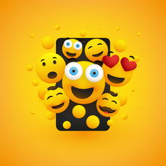     Various Smiling Happy Yellow Emoticons in Front of a Smartphone Screen, Vector Concept Illustration 
