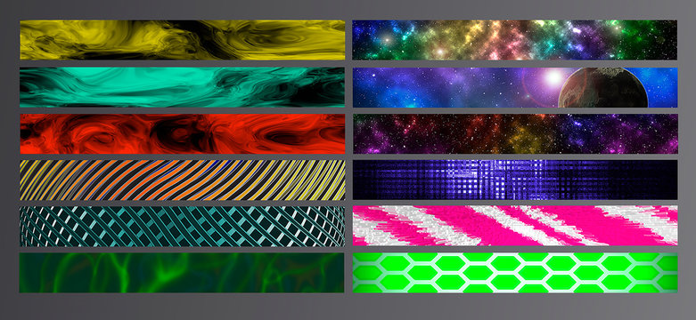 Set with twelve banners of one of the most popular sizes 728 x 90. Add your text or logo and you're done