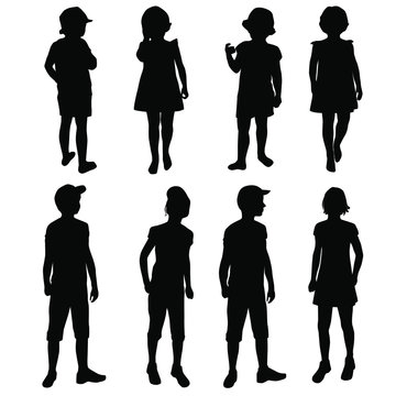 Vector silhouettes boys and girls, children, group  people standing,  black color, isolated on white background