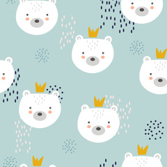 Bears with crowns, hand drawn backdrop. Colorful seamless pattern with muzzles of animals. Decorative cute wallpaper, good for printing. Overlapping colored background vector
