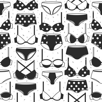 Big collection of women's bras and panties, icons set vector. Black and white background. Seamless pattern with lady's lingerie, types of bras. Decorative wallpaper with models of underwear for woman