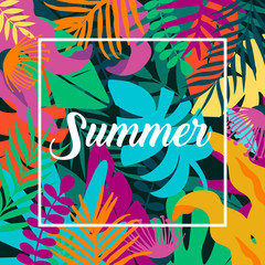 Summer card template, travel and holiday ads, colorful tropical poster design vector illustration. Advertising material with tropical jungle leaves and flowers 