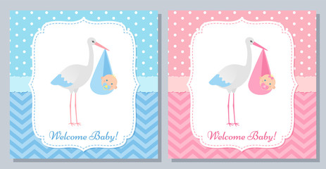 Baby Shower invitation card. Vector. Baby boy, girl banner. Welcome template invite. Pink, blue design with newborn kid and stork. Cute birth party background. Happy greeting poster. Flat illustration