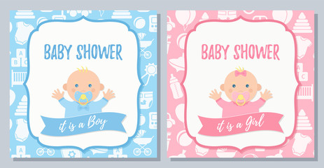 Baby Shower card. Vector. Baby boy, girl invite design. Pink, blue banner. Welcome template invitation Cute birth party background. Happy greeting poster with newborn kid. Cartoon flat illustration.