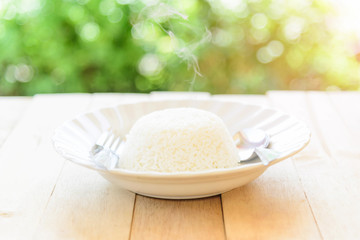 rice cooked in a dish on wood plate with sunlight