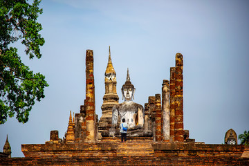 Fototapeta premium Sukhothai Wat Mahathat Buddha statues at Wat Mahathat ancient capital of Sukhothai Thailand. Sukhothai Historical Park is the UNESCO world heritage