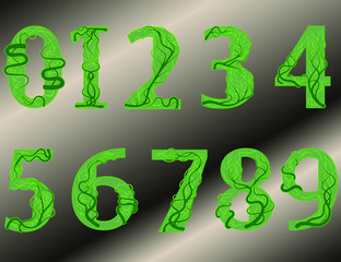 Arabic numerals from zero to nine decimal in the style of a green plant