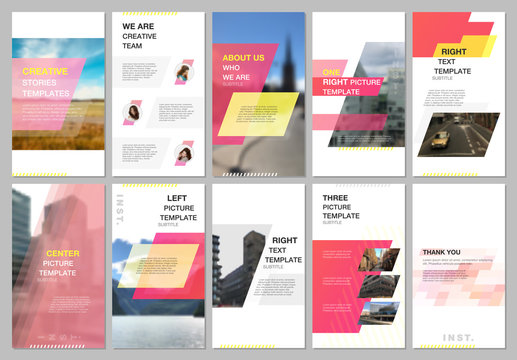 Creative social networks stories design, vertical banner or flyer templates with red colored colorful gradient geometric background. Covers design templates for flyer, leaflet, brochure, presentation