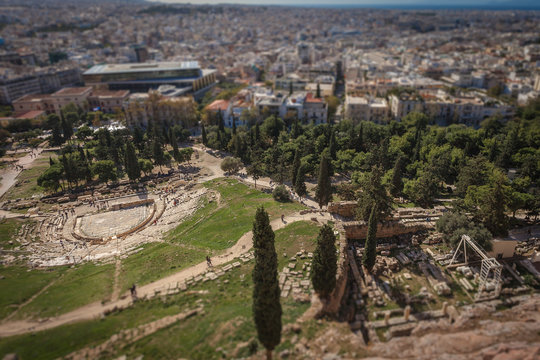 Tilt shift effect of the Theater of Dionisio and Asclepio Sanctuary, Athens