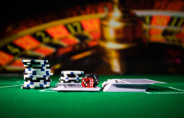 Casino element isolation on the colorful, Slot machine, Roulette while, Dice, Casino chip - image