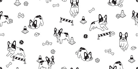 dog seamless pattern vector french bulldog bone ball toy traffic cone cartoon scarf isolated repeat background tile wallpaper illustration design