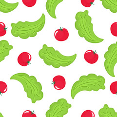 Lettuce leaves and red tomato seamless pattern. Organic vegetarian food. Used for design surfaces, fabrics, textiles, packaging paper.