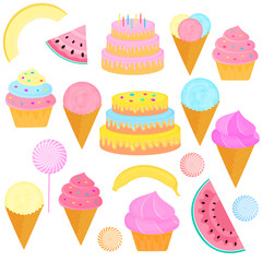 A set of sweet treats. Birthday cake with candles, ice-cream in a waffle cone, lollipop, cupcake, slices of watermelon, melons, banana