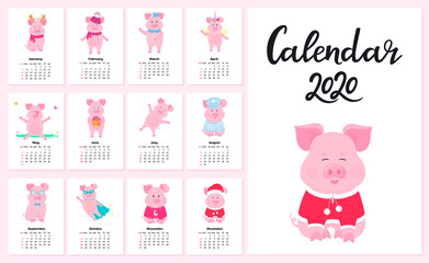 Calendar for 2020 from Sunday to Saturday. Cute pigs in different costumes. Superhero, sailor in a vest, unicorn, Santa Claus. Funny animal. Piggy cartoon character.