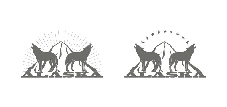 Black and white illustration. Wolves mountain and stars with rays and text Alaska
