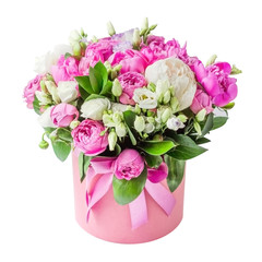 Arrangement of flowers in a hat box. Bouquet of pink and white peonies, eustoma, spray rose in a pink box with an oasis isolated on a white background with copy space