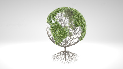 Growing tree, forming globe shape with leaves. 3D rendering.