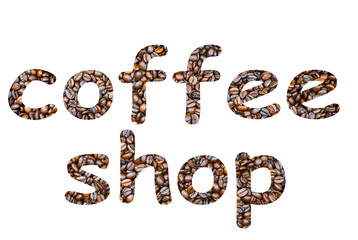 Title or logo created from coffee beans. Letters filled with roasted coffee beans on a white background. Coffee Shop Advertising.