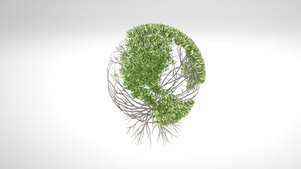 Growing tree, forming globe shape with leaves. 3D rendering.