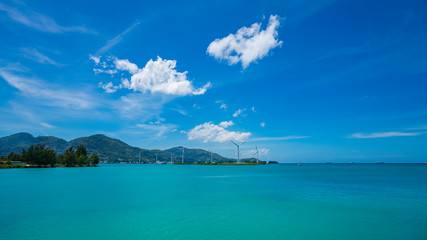 The Seychelles. View of the ocean from the island Mahe. Wind turbines