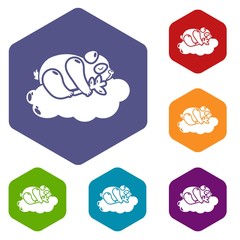 Sleeping panda icons vector colorful hexahedron set collection isolated on white