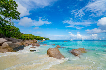 Beautiful sandy beach with  turquoise sea on Seychelles
