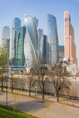 Moscow. Russia. 06/02/2019 Moscow City skyline. Moscow International Business Centre at day time with Moskva river. Panoramic view of business center Moscow City
