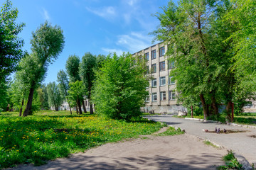 the school building is in the foliage