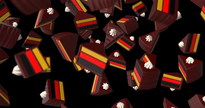 yellow, red and black piece of cake falling