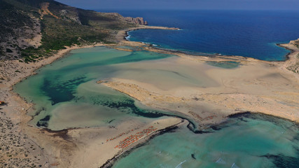 Fototapeta na wymiar Aerial drone panoramic view of iconic azure turquoise Balos beach lagoon near Gramvousa island and pure white sand, North West Crete island, Greece