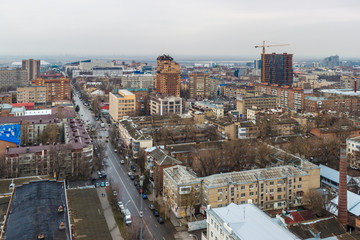 Naklejka premium Rostov-on-Don / Russia - 30 march 2019. Aerial view of the city center with residential and commercial buildings in wet rainy weather