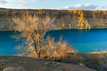 The beautiful evening landscape with the leafless tree on the side of the artificial lake in the old flooded stone quarry