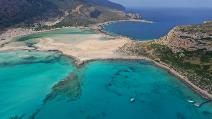 Aerial drone panoramic view of iconic azure turquoise Balos beach lagoon near Gramvousa island and pure white sand, North West Crete island, Greece