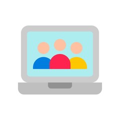 Laptop with users group vector, Social media flat style icon