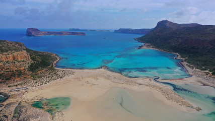 Aerial drone panoramic view of iconic azure turquoise Balos beach lagoon near Gramvousa island and...