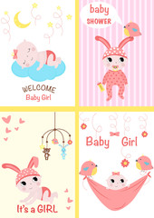 set of cards for baby girls - vector illustration, eps