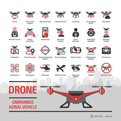 Drone unmanned aerial vehicle glyph icon set with flat red UAV, skyline, autonomous technology, sky camera, military and delivery aircraft robots, helicopter, remote control silhouette symbols.