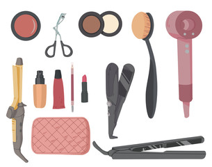 Make-up artist kit. Hair styling accessories set. Cosmetic products eye shadow, lipstick, powder