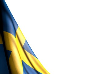 beautiful celebration flag 3d illustration. - isolated image of Sweden flag hanging diagonal - mockup on white with space for your text