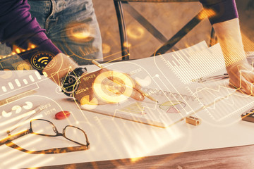 Close up of human hands and abstract innovative technologies for industries. Double exposure.