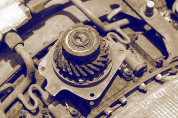 Steampunk vintage jet engine. Unusual old aircraft technology. Engine parts of a jet plane. Vintage...