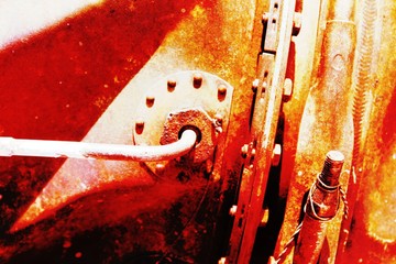 Steampunk vintage jet engine. Unusual old aircraft technology. Engine parts of a jet plane. Vintage engine with tubes and hoses.