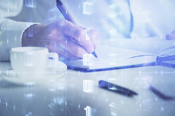 Human hands with tech theme double exposure drawings.